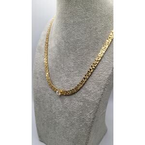 Vintage Gold Tone Textured Necklace Rhinestone 80s Statement Chain